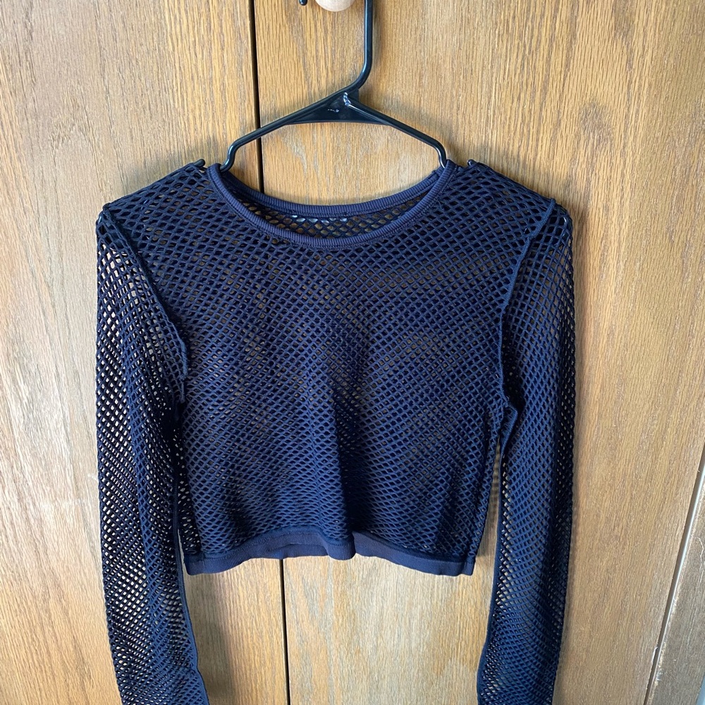 Navy Mesh Long Sleeve Crop Top